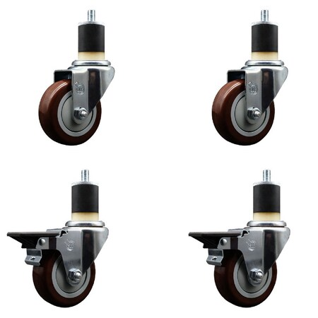 Service Caster 3.5'' Maroon Poly Wheel Swivel 1-7/8'' Expanding Stem Caster Set 2 Brakes, 4PK SCC-EX20S3514-PPUB-MRN-2-PLB-2-178
